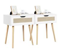 Yaheetech 2 pcs Mesillas de Noche Trenzada en RatánDormitorio Nordica Mesitas de Noche con Pata Madera Maciza Mesa Auxiliar con Cajón 48,5x41x57,5cm para Dormitorio Sala de Estar Salón Blanco