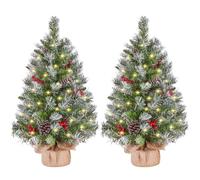 Yaheetech 2 Unidades de 92 cm Mini árbol de Navidad Artificial con Nieve, Incluye 50 Luces LED de Color Blanco cálido, 70 Bayas Rojas y 10 piñas, árbol de Navidad pequeño para decoración navideña