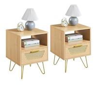 Yaheetech 2pcs Mesita de Noche con 1 Cajón 1 Estante Trenzada en Ratán 40x40x55 cm Estilo Moderno Mesa Auxiliar para Dormiorio Sala de Estar Salón de Madera Nórdica Marrón Claro