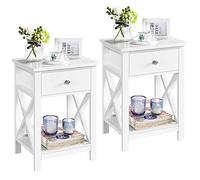 Yaheetech 2pcs Mesitas de Noche con Cajón y Estante 40x30x55cm Mesillas de Noche Vintage para Dormitorio Mesa Auxiliar para Salón Sala de Estar Blanco Satinado