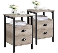 Yaheetech 2pcs Mesitas de Noche con Dos Cajones Mesilla de Noche Metal Madera Mesa de Auxiliar de Estilo Industrial para el Salón Dormitorio Gris