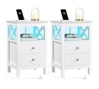 Yaheetech 2X Mesitas de Noche con Luces LED y Estación de Carga 2 Tomas AC 2 Puertos USB Mesillas de Noche con 2 Cajones y Estante Mueble de Noche Blanca 40x30x60 cm