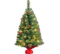 Yaheetech 90cm Mini Árboles de Navidad Artificiales 96 Ramas con 50 Luces LED Blanca cálida y 60 Bayas Rojas para Decoración Navideña en Casa Oficina
