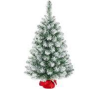 Yaheetech Árbol de Navidad Artificial 90cm y 96 Puntas Cubierto de Nieve Base de Cemento con Tela de Fieltro Rojo Fácil de Montar Decoración Navideña Estilo Abeto para Interior Exterior