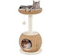 Yaheetech Árbol para Gatos de 2 Niveles Ratán Tejido a Mano con Cueva Cama Superior Postes Rascadores de Sisal 40x40x75cm Cojines Lavables y Bola de Juguete Beige