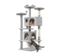 Yaheetech Árbol Rascador para Gatos 139cm con 3 Plataformas 2 Nidos 2 Pompones Torre de Escalador con Postes en Sisal Ideal para 3-4 Gatos Gris Claro