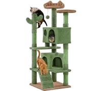 Yaheetech Árbol Rascador para Gatos de Cactus de Felpa 48,5x48,5x138 cm Torre Escalador de Sisal Multiplataforma para 1-3 Gatos Medianos con Cueva Grande Dos Bolas Verde y Marrón