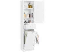 Yaheetech Armario de de Baño Alto Mueble Auxiliar de Baño 45x30x180 cm Armario Estrecho con 1 Armario Cerrado de 3 Estantes Ajustables 1 Cajón y 1 Cesta de Lavandería Blanco