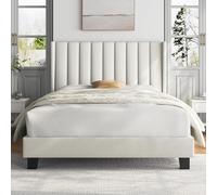 Yaheetech Cama Doble Tapizada 140 x 200cm con Somier de Lamas con Cabecero Rayado Moderno Estructura de Madera y Metal Marco de Cama para Adultos 2 Personas Beige