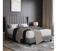 Yaheetech Cama Doble Tapizada 140 x 200cm con Somier de Lamas con Cabecero Rayado Moderno Estructura de Madera y Metal Marco de Cama para Adultos 2 Personas Gris Claro