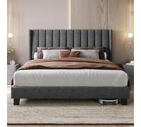 Yaheetech Cama Doble Tapizada 160 x 200cm con Somier de Lamas con Cabecero Rayado Moderno Estructura de Madera y Metal Marco de Cama para Adultos 2 Personas Gris Oscuro
