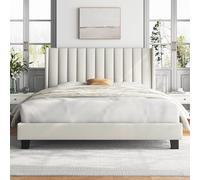 Yaheetech Cama Doble Tapizada 160 x 200cm con Somier de Lamas con Cabecero Rayado Moderno Estructura de Madera y Metal Marco de Cama para Adultos 2 Personas Beige