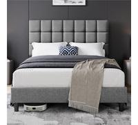 Yaheetech Cama Tapizada de 140 x 200 cm Cama de Matrimonio con Cabecero Regulable en Altura Marco de Cama Tapizado Estable con Listón de Madera, Color Gris Claro