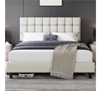Yaheetech Cama Tapizada de 160 x 200 cm Cama de Matrimonio con Cabecero Regulable en Altura Marco de Cama Tapizado Estable con Listón de Madera, Color Beige
