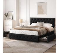 Yaheetech Cama Tapizada de Piel Marco de Cama Doble con 2 Cajones Cabecero Ajustable en Altura Tirón Botón Cama Acolchada Soporte de Láminas de Madera Mucho Espacio de Almacenaje, 160 x 200 cm Negro