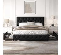 Yaheetech Cama Tapizado con Cabecero Ajustable en Altura 2 Cajones con Ruedas Espacio de Almacenamiento Cama Doble Matrimonial 160 x 200 cm Negro