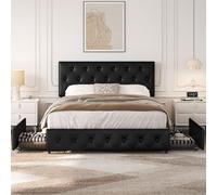Yaheetech Cama Tapizado con Cabecero Ajustable en Altura 2 Cajones con Ruedas Espacio de Almacenamiento Cama Doble Matrimonial 140 x 200 cm Negro