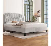 Yaheetech Cama Tapizado en Terciopelo Cama de Matrimonio con Cabecero Ajustable en Altura Marco de Cama Soporte con Listones de Madera 160 × 200 cm Beige