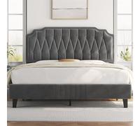 Yaheetech Cama Tapizado en Terciopelo Cama de Matrimonio con Cabecero Ajustable en Altura Marco de Cama Soporte con Listones de Madera 160 × 200 cm Gris Oscuro