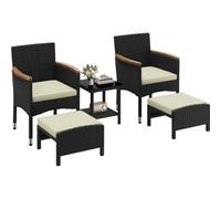Yaheetech Conjunto de Muebles Ratán de Jardín 5 Piezas, 2 Sillones 2 Otomanas 1 Mesa de Vidrio Templado, Resistente a Intemperie,para Patio Piscina Terraza Negro/Beige