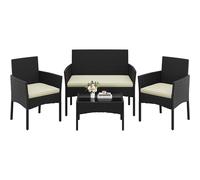 Yaheetech Conjunto Jardin Exterior Muebles Ratán de Jardín de 4 Piezas, 1 Sofá, 2 Sillas con Cojines y 1 Mesa con Vidrio para Patio/Terraza/Balcón (Negro/Beige)