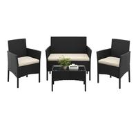 Yaheetech Conjunto Jardin Exterior Muebles Ratán de Jardín de 4 Piezas, Muebles Terraza con 1 Sofá de 2 Plazas, 2 Sillones, Cojines y 1 Mesa de Tablero de Vidrio, para Patio/Terraza/Balcón Negro/Beige