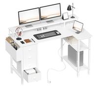 Yaheetech Escritorio L con 4 Cajones, 120x68cm Mesa Escritorio Gaming en L con Soporte para Monitor, 2 Enchufes y 2 Puertos USB, Escritorio Esquina Reversible Trabajo y Juegos, para Oficina, Blanco