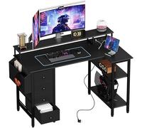 Yaheetech Escritorio L con 4 Cajones, 120x68cm Mesa Escritorio Gaming en L con Soporte para Monitor, 2 Enchufes y 2 Puertos USB, Escritorio Esquina Reversible Trabajo y Juegos, para Oficina, Negro