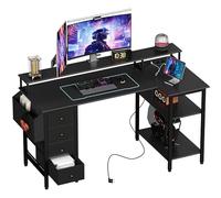 Yaheetech Escritorio L con 4 Cajones, 140x68cm Mesa Escritorio Gaming en L con Soporte para Monitor, 2 Enchufes y 2 Puertos USB, Escritorio Esquina Reversible Trabajo y Juegos, para Oficina, Negro