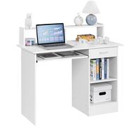 Yaheetech Escritorio para Ordenador con Estante, Escritorio PC para Trabajo Mesa Ordenador Reversible con Cajón para Estudio Oficina Blanco Brillo 106 x 50 x 94 cm