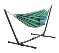 Yaheetech Hamaca con Soporte de Metal para Jardín Portátil - Largo Ajustable, 2 Personas, Acero Duradero, Interior y Exterior, Camping, Carga 205Kg, Rayas Azules y Verdes