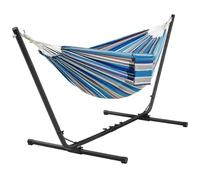 Yaheetech Hamaca Jardin con Soporte Desmontable para Jardín Portátil con Largo Ajustable en 3 Niveles y Bolsa de Transporte para Patio Trasero Piscina Balcón Terraza Carga 205kg Rayas Azules y Rojas