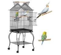 Yaheetech Jaula para Pájaros de Acero Inoxidable, Negro, Jaula con Ruedas Soporte Comedero 59 x 59 x 145 cm