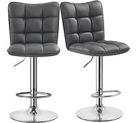 Yaheetech Juego de 2 Taburetes de Bar Taburetes Altos con Respaldo Regulable en Altura y Giratorio 360°, Estructura Metal y Reposapiés, Gris