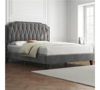 Yaheetech Marco de Cama 140 x 200 cm con Cabecero Tapizado Ajustable en Altura Soporte de Láminas de Madera y Patas Metálicas Gris Oscuro