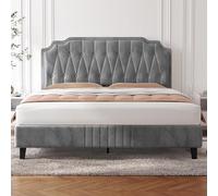Yaheetech Marco de Cama con Cabecero Tapizado Ajustable en Altura Soporte de Láminas de Madera y Patas Metálicas Light Gray/160 x 200 cm
