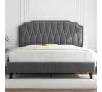 Yaheetech Marco de Cama con Cabecero Tapizado Ajustable en Altura Soporte de Láminas de Madera y Patas Metálicas Gris Oscuro/160 x 200 cm