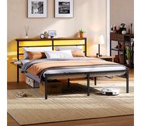 Yaheetech Marco de Cama de 160 × 200 cm con Cabecero LED y Estación de Carga, Base de Cama Metálica con Estante de Madera para Almacenamiento y Estante Móvil, Capacidad de 400 kg, Negro