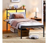 Yaheetech Marco de Cama de 90 × 200 cm con Cabecero LED y Estación de Carga, Base de Cama Metálica con Estante de Madera para Almacenamiento y Estante Móvil, Capacidad de 200 kg, Negro