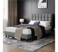 Yaheetech Marco de Cama Doble Acolchado Cuadrado 140×200cm Cabecero Ajustable en Altura con Base de Listones Gris Claro