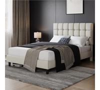 Yaheetech Marco de Cama Doble Acolchado Cuadrado 160×200cm Cabecero Ajustable en Altura con Base de Listones Color Beige