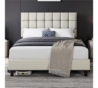 Yaheetech Marco de Cama Tapizada de 140 x 200 cm Camas de Matrimonio con Cabecero Regulable en Altura Estructura Estable con Listón de Madera, Color Beige