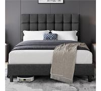 Yaheetech Marco de Cama Tapizada de 140 x 200 cm Camas de Matrimonio con Cabecero Regulable en Altura Estructura Estable con Listón de Madera, Color Gris Oscuro
