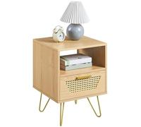 Yaheetech Mesita de Noche con 1 Cajón 1 Estante Trenzada en Ratán 40x40x55 cm Estilo Moderno Mesa Auxiliar para Dormiorio Sala de Estar Salón de Madera Nórdica Marrón Claro