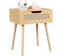 Yaheetech Mesita de Noche con Cajón Trenzada en Ratán 48,5 x 41 x 57,5 cm Estilo Moderno Mesa Auxiliar para Dormiorio Sala de Estar Salón de Madera Nórdica