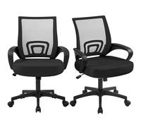 Yaheetech Silla de oficina con respaldo medio giratorio y soporte lumbar, silla de escritorio con altura ajustable, silla ergonómica de malla con reposabrazos negro (paquete de 2)