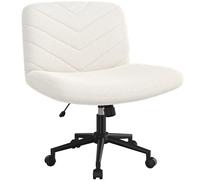 Yaheetech Silla de Oficina con Reudas, Silla Piernas Cruzadas con Función Mecedora, Ancha Sila de Escritorio para Juegos, Silla de Maquillaje sin Brazos para Casa, Marfil