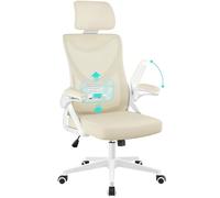 Yaheetech Silla de Oficina Ergonomica con Soporte Lumbar Silla Escritorio Reposabrazo Ajustable Silla Oficina Reposacabeza Base Giratoria de 70 cm Transpirable Beige