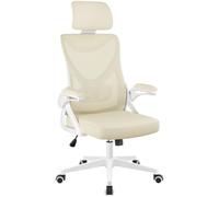 Yaheetech Silla de Oficina Ergonomica con Soporte Lumbar Silla Escritorio Reposabrazo Reposacabeza Ajustable Base Giratoria de 70 cm Transpirable Capacidad MAX 150KG Beige