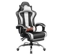Yaheetech Silla para videojuegos, silla de videojuegos con soporte lumbar de masaje y reposapiés, altura ajustable, silla ergonómica para computadora con asiento giratorio y reposacabezas, color negro